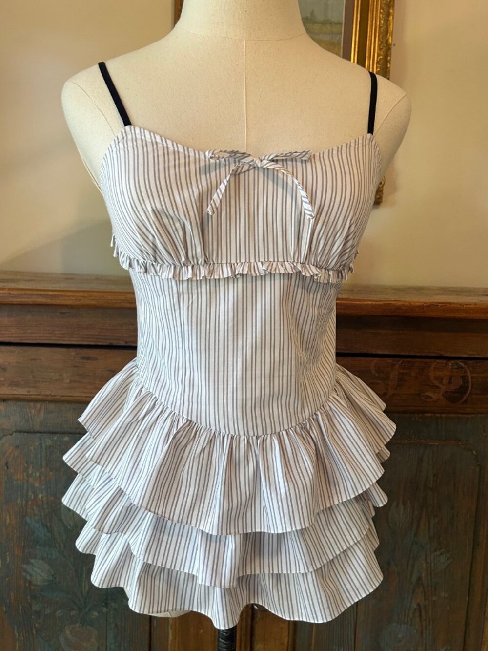 Vintage Betsey Johnson Grey Striped Tiered Ruffles Top